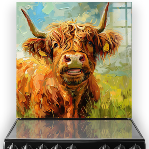 Highland cow called Buttercup with amber and rust fur on a printed kitchen splashback set against a soft green and blue background