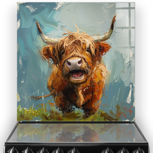 Highland Cow kitchen splashback art featuring Curaidh with vibrant colours and a painterly style