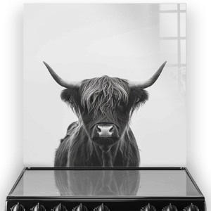 A black and white image of a Highland cow on a glass kitchen splashback, named Angus.
