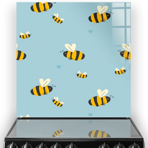 Whimsical bees pattern splashback with hearts illustration on pastel blue backdrop printed glass kitchen splashback