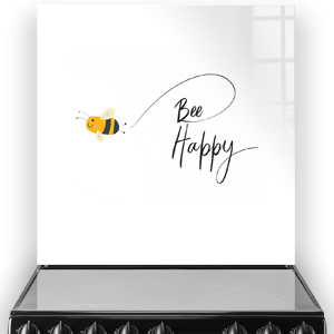 Playful bee and "Bee Happy" quote on white kitchen splashback