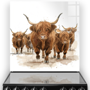 A Highland Cow kitchen splashback featuring a herd of brown and tan Highland Cows with long horns, led by a prominent cow