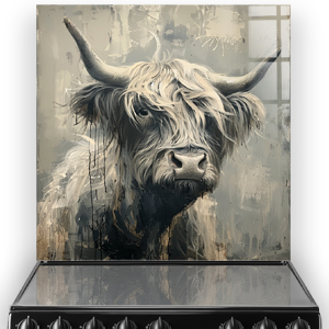 Abstract art of a Highland Cow on a kitchen splashback featuring shades of grey, beige, and taupe, with a grunge texture.