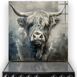 Highland cow kitchen splashback featuring  Idris in shades of grey and white with subtle sepia tones