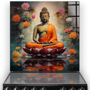 Meditative Buddha surrounded by colourful flowers printed on glass kitchen splashback thumbnail