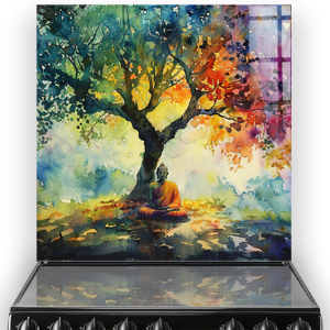 A colourful and vibrant Buddha meditation design for kitchen splashback art. thumbnail