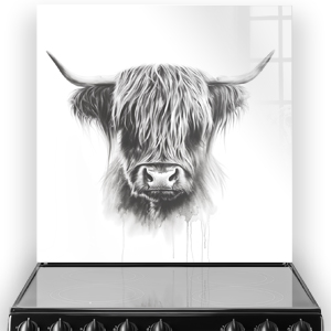 Monochrome Charcoal Highland Cow Art on Kitchen Splashback