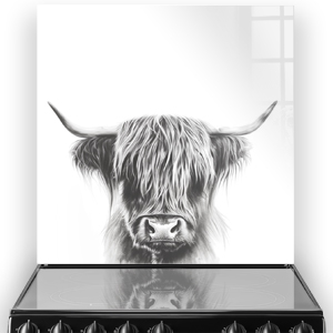 Charcoal Peeping Highland Cow Art on Kitchen Splashback