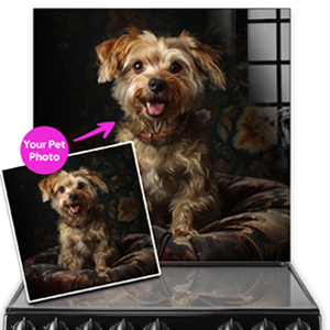 Picture of a cooker splashback featuring a pet dog