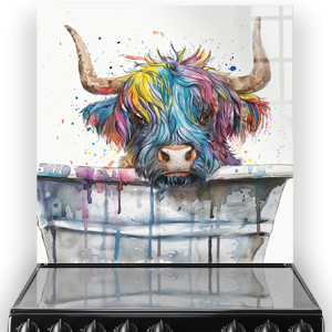 Colourful Highland Cow in a Bucket Printed Splashback