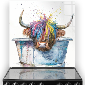 Whimsical highland cow in a bucket with colourful painted mane on kitchen splashback