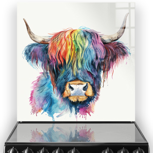 Colourful highland cow art named "Leo" above a kitchen stove with reflection on hob