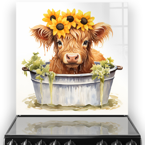 Whimsical highland cow named Marigold in a tub, surrounded by marigold flowers, as kitchen splashback art