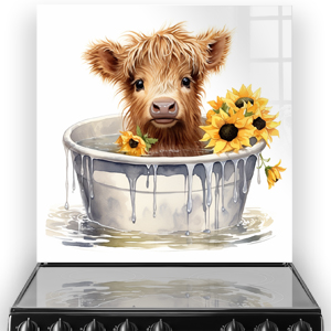 Highland Cow in Bucket with Sunflowers Kitchen Splashback