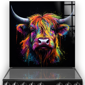 Colourful Highland Cow painted on a black splashback in a kitchen setting