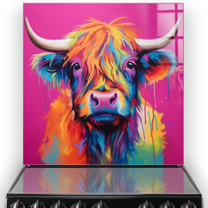 Vibrant "Highland Muse" Highland Cow art on kitchen splashback in intense colours