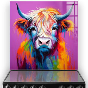 Colourful Highland Cow printed on a kitchen splashback with vivid purple background and vibrant orange and blue accents