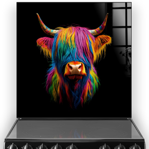 Highland Cow with colourful furry mane on a printed kitchen splashback against a black background