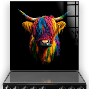 Vibrant, colourful Highland Cow named Pinky on a kitchen splashback with a black background