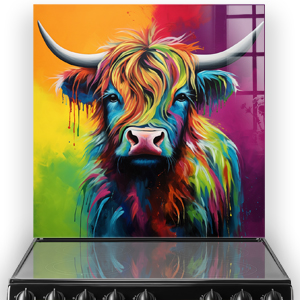 Colourful Highland Cow kitchen splashback art in a spectrum of vibrant colours