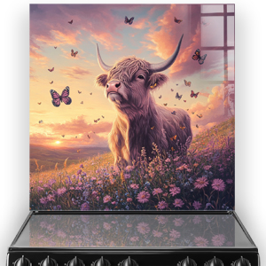 "Missy with Butterflies" Highland Cow in a purple wildflower field with butterflies and sunset