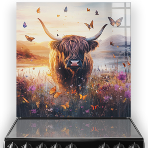 Highland Cow standing amongst wildflowers with butterflies, designed as a splashback for kitchen décor.