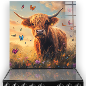 Highland Cow named Jasper surrounded by colourful butterflies on a splashback