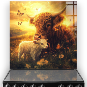Highland Cow and Calf depicted on a kitchen splashback with warm sunset colours and fluttering butterflies.