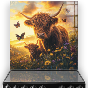 Highland Cow and calf amidst wildflowers on a Highland Cow splashback art