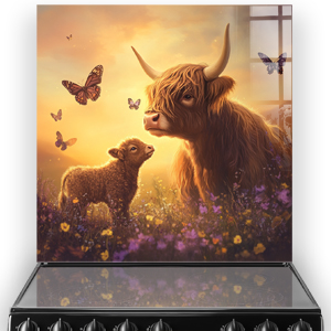 Enchanting Highland Blis" Highland Cow and calf amidst wildflowers with butterflies kitchen splashback
