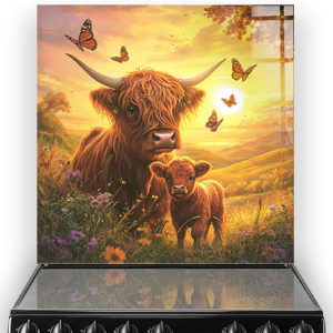 "Highland Cow and calf in golden sunset with butterflies kitchen splashback"