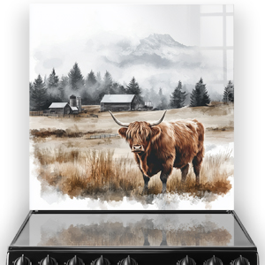 Highland Farm Watercolour in misty mountain scene kitchen splashback