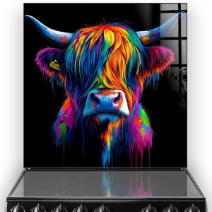 Colourful artistic representation of "Matrix the Cow" on a kitchen splashback with vibrant splashes of paint against a black background