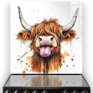 Sassy Moo Highland Cow art on kitchen splashback featuring a lively cow with tongue out amidst earth-toned splashes