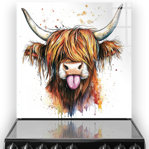 Playful "Chloe Cowbell" Highland Cow kitchen splashback with vivid colours and artistic splatter design