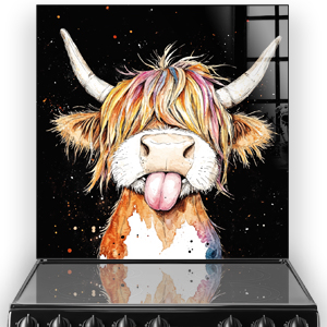 Cleopatra Cow Highland Cow with colourful mane on splashback art