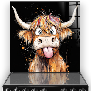 Whimsical "Crissy Chaos" Highland Cow on black background - kitchen splashback art