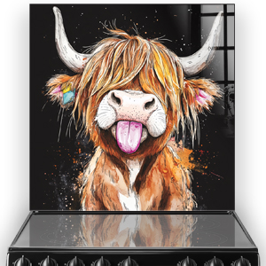 Highland Cow with tongue out, titled "Udderly Unbothered", on a kitchen splashback