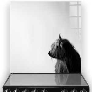 Monochrome side profile of a Highland Cow on a printed kitchen splashback