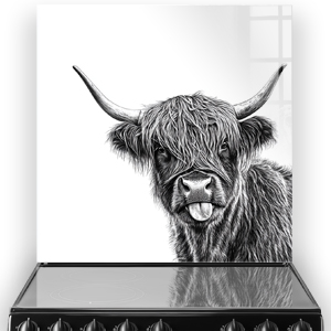 A black and white sketch of Cheeky Coo, a playful Highland Cow, on a printed kitchen splashback.