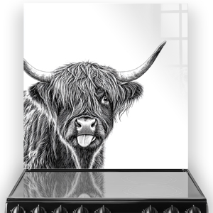 Monochrome Highland Cow with tongue out on kitchen splashback