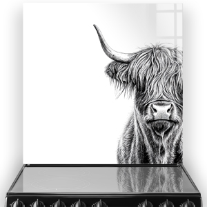 Stylish monochrome illustration of a Highland Cow on a kitchen splashback