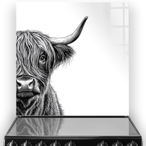 A minimalist black and white sketch of a Highland Cow named Isla on a kitchen splashback, featuring detailed fur texture and a captivating gaze.