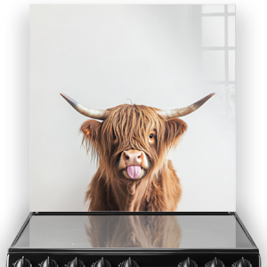 Playful "Tiny Horns, Big Attitude" Highland Cow with shaggy fur on kitchen splashback
