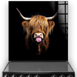 Playful Highland Cow with russet fur and cream horns on black background splashback art named "Twilight Cheek"