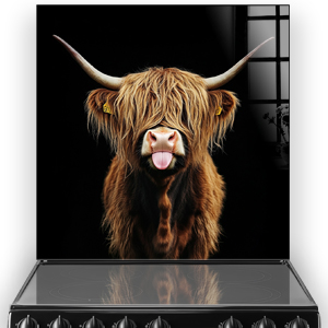 Highland Cow with Tongue Out on Black Background - "Mischief in the Dark" Kitchen Splashback Art