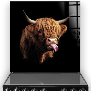Playful Highland Cow with Tongue Out on Printed Kitchen Splashback