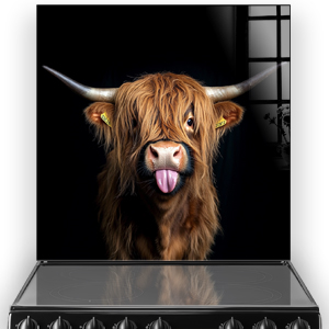 Cheeky Madame Moo Highland Cow art on kitchen splashback with black background and reflection