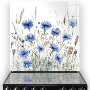 Cornflowers Charm splashback with vivid blue flowers and wheat over a modern stove thumbnail