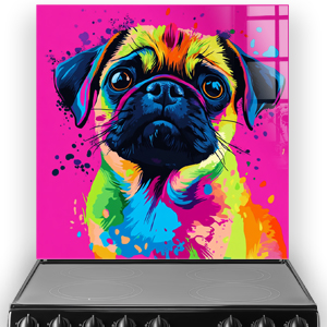 Colourful graffiti pug splashback art with vibrant pink, yellow, blue, and orange shades.